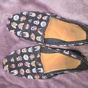 Bobs For Dogs Sz 8.5 Skechers Memory Foam Shoes Slip On Black Dog Pattern Womens
